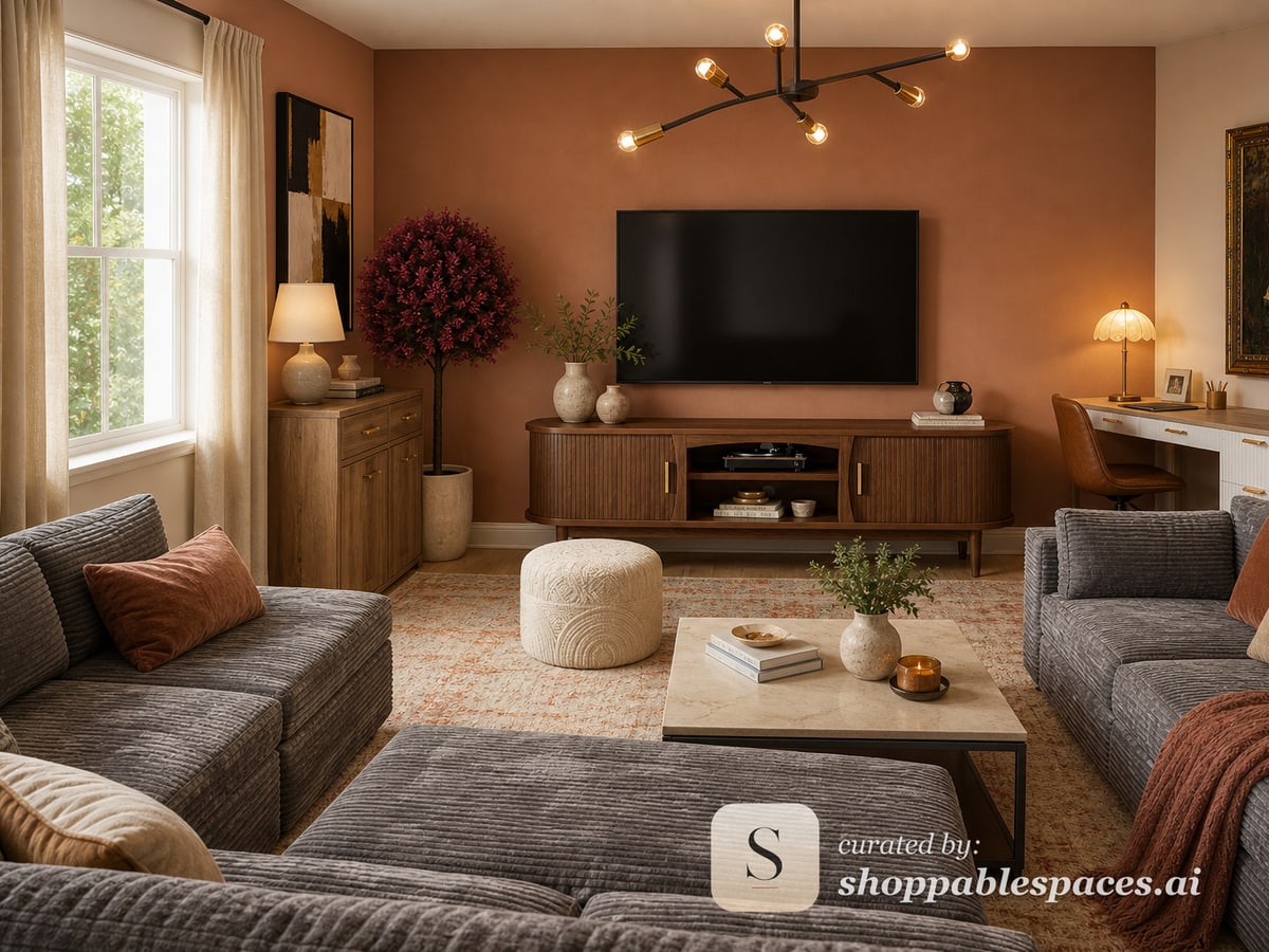 Mid century living room design with real shoppable products