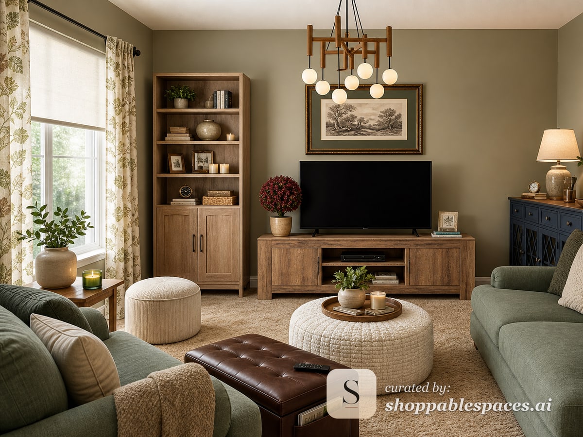 Organic neutral room design built around existing blue-green seating