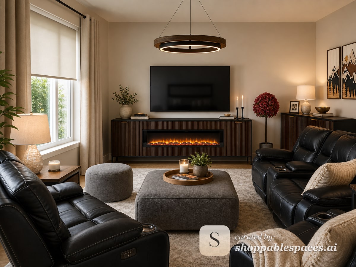 Warm modern redesign for an awkward living room layout